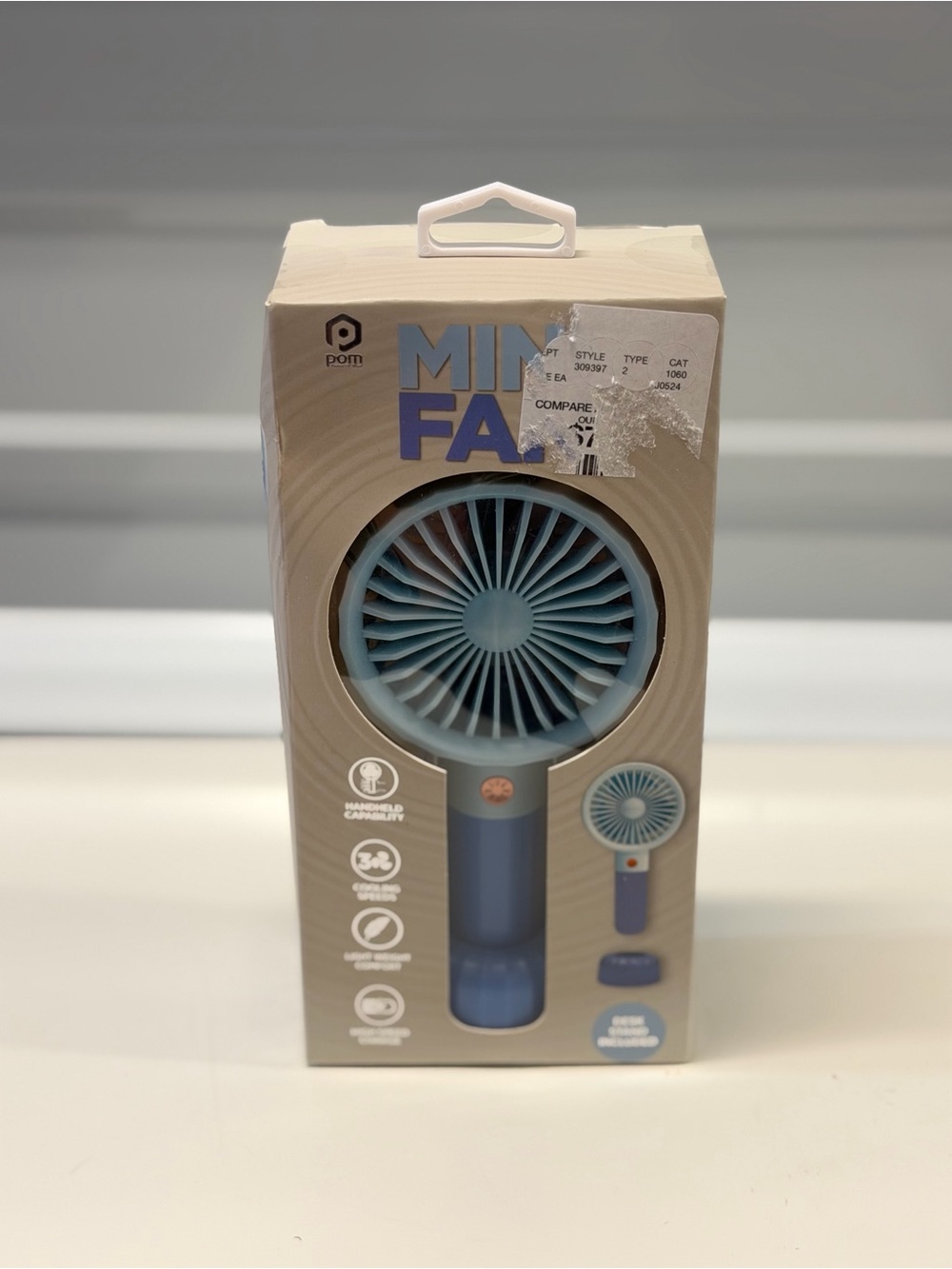 New POM Mini Portable Handheld Fan Blue Rechargeable 3 Speed Cooling Desk Stand